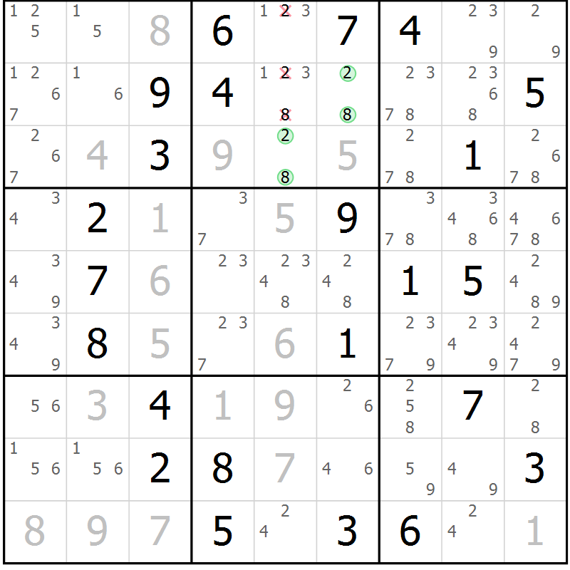 Position des candidats pour la solution de la Gr 72 page 75 du magazine de sudoku Virtuose n° 124