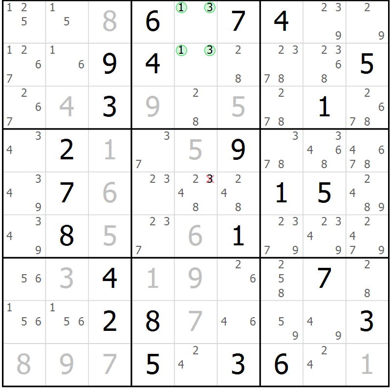 Position des candidats pour la solution de la Gr 72 page 75 du magazine de sudoku Virtuose n° 124