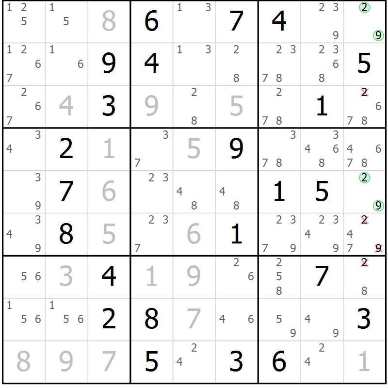 Position des candidats pour la solution de la Gr 72 page 75 du magazine de sudoku Virtuose n° 124