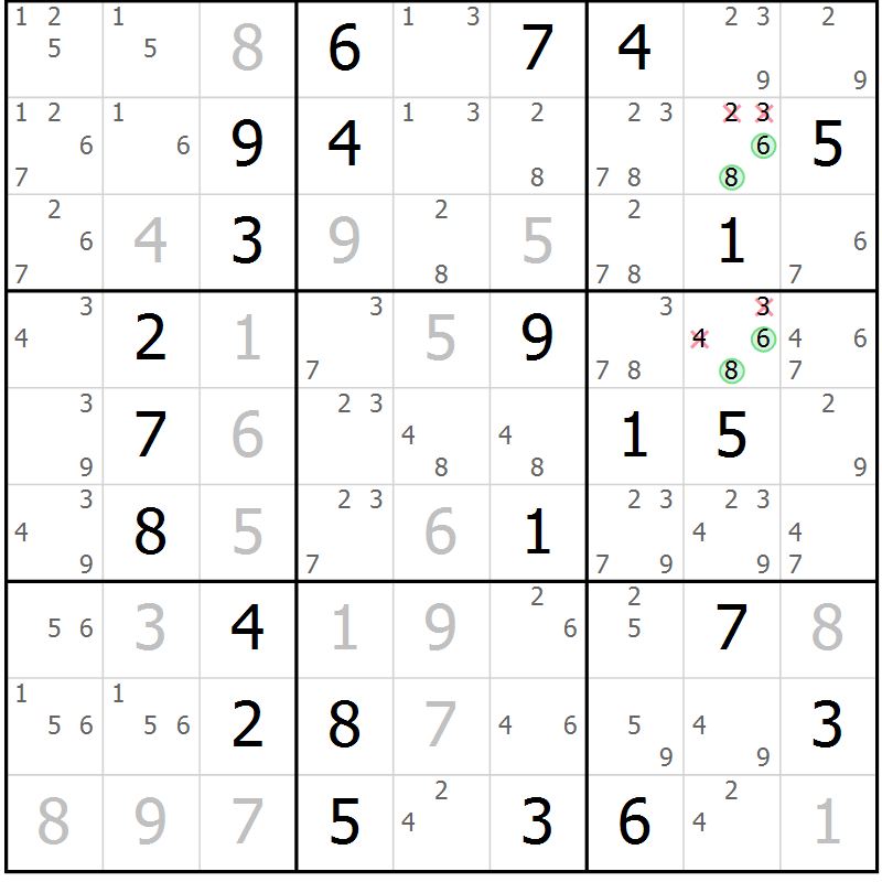 Position des candidats pour la solution de la Gr 72 page 75 du magazine de sudoku Virtuose n° 124