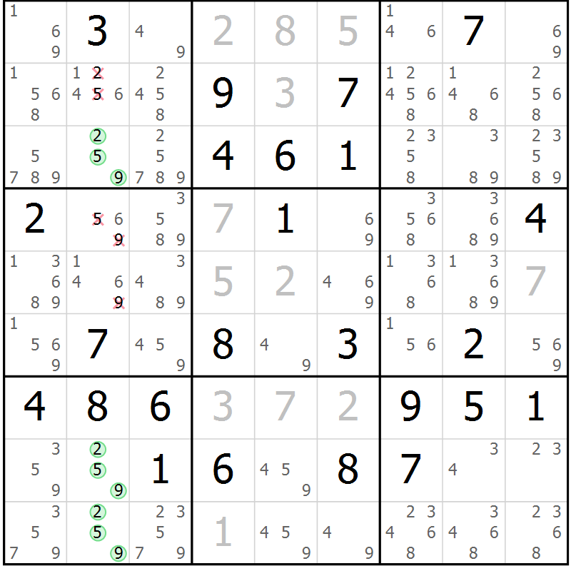 Position des candidats pour la solution de la Gr 73 page 76 du magazine de sudoku Virtuose n° 124