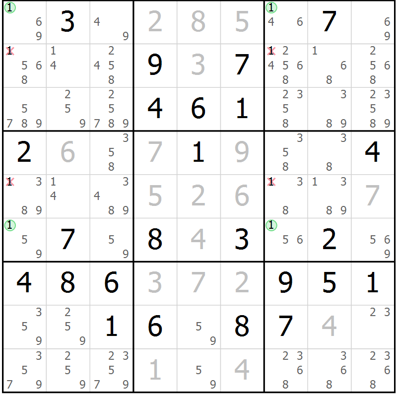 Position des candidats pour la solution de la Gr 73 page 76 du magazine de sudoku Virtuose n° 124