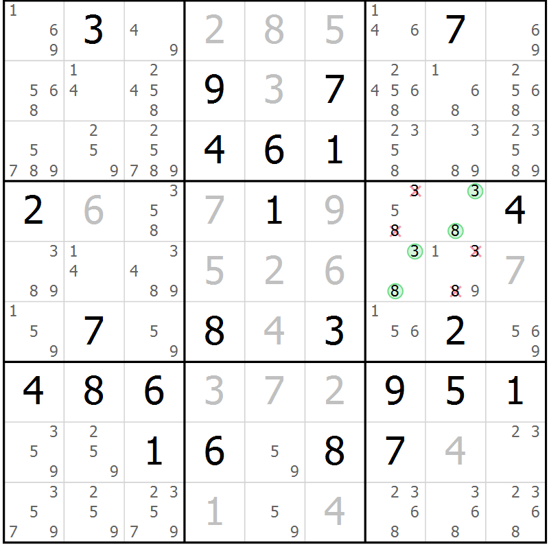 Position des candidats pour la solution de la Gr 73 page 76 du magazine de sudoku Virtuose n° 124
