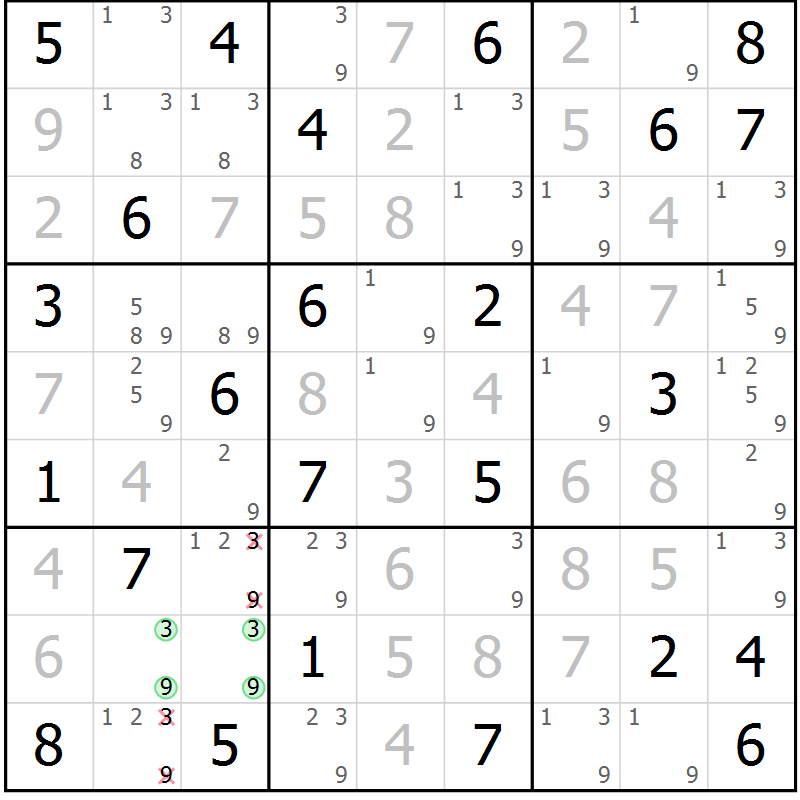 Position des candidats pour la solution de la Gr 74 page 77 du magazine de sudoku Virtuose n° 124