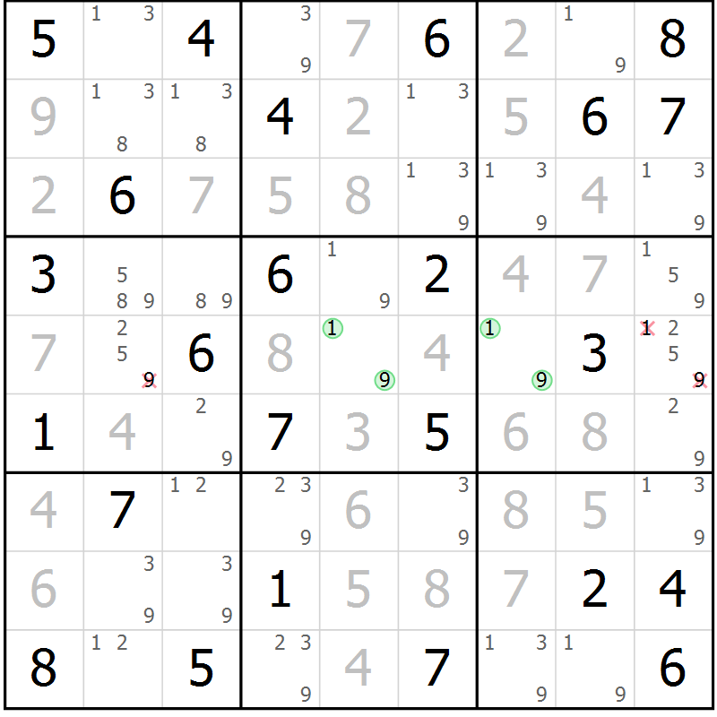 Position des candidats pour la solution de la Gr 74 page 77 du magazine de sudoku Virtuose n° 124