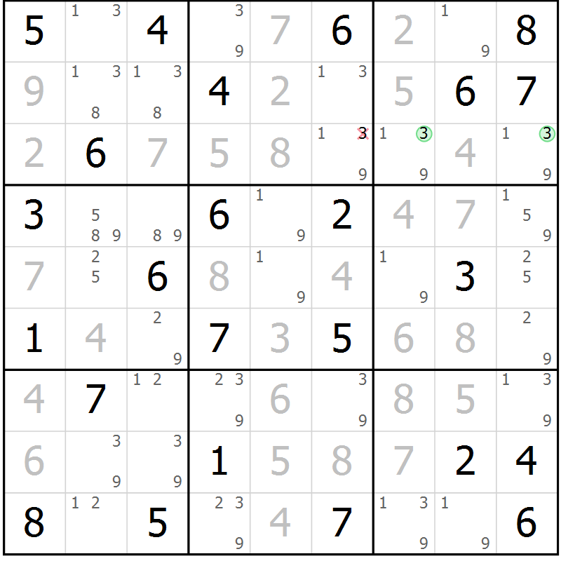 Position des candidats pour la solution de la Gr 74 page 77 du magazine de sudoku Virtuose n° 124