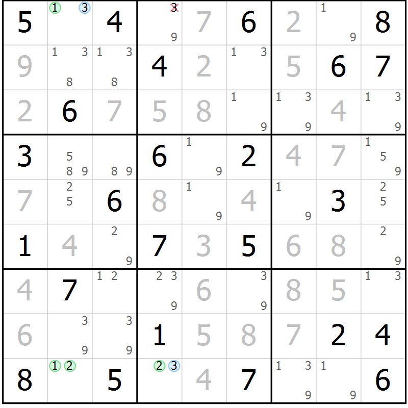 Position des candidats pour la solution de la Gr 74 page 77 du magazine de sudoku Virtuose n° 124