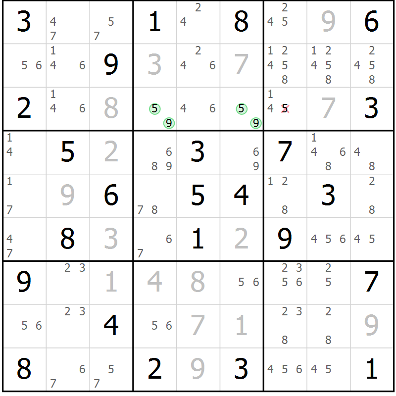 Position des candidats pour la solution de la Gr 76 page 79 du magazine de sudoku Virtuose n° 124