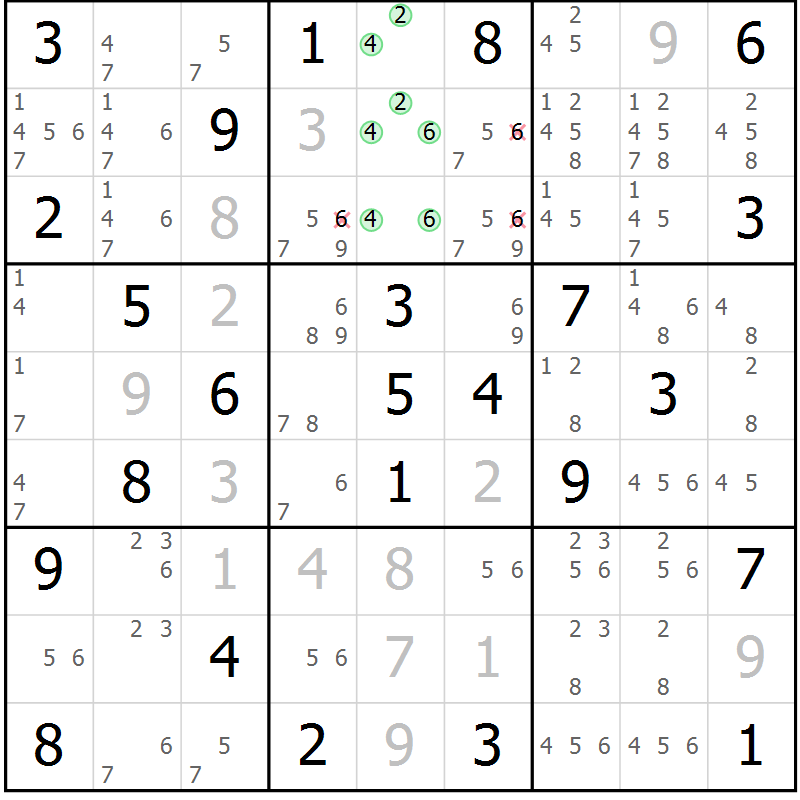 Position des candidats pour la solution de la Gr 76 page 79 du magazine de sudoku Virtuose n° 124