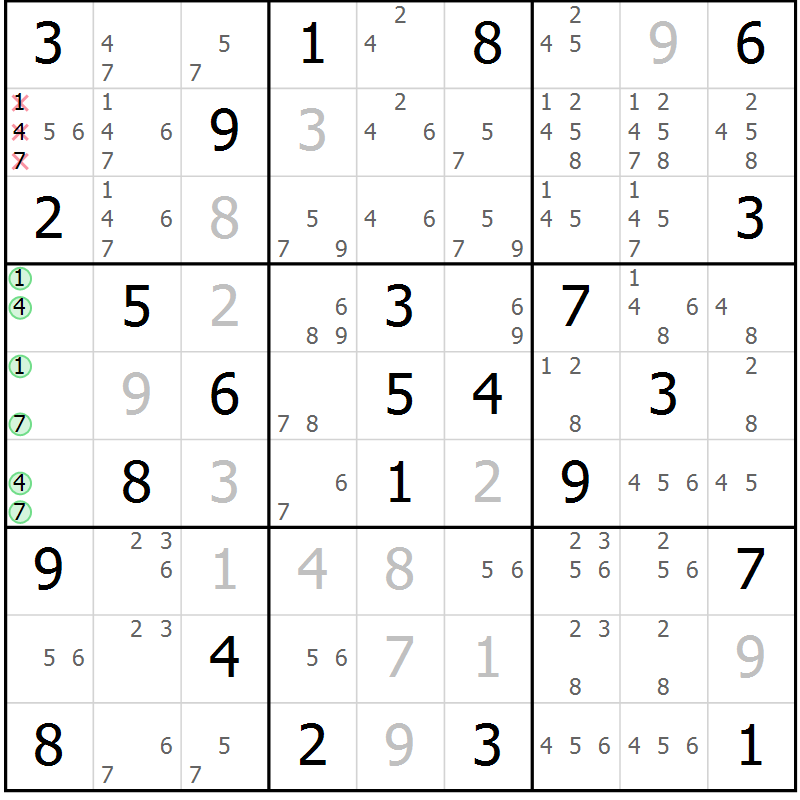 Position des candidats pour la solution de la Gr 76 page 79 du magazine de sudoku Virtuose n° 124