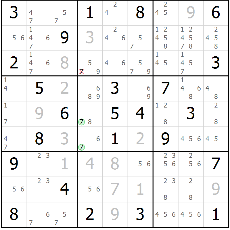 Position des candidats pour la solution de la Gr 76 page 79 du magazine de sudoku Virtuose n° 124