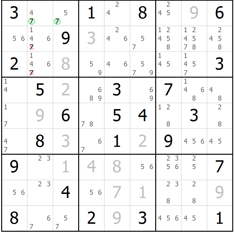 Position des candidats pour la solution de la Gr 76 page 79 du magazine de sudoku Virtuose n° 124