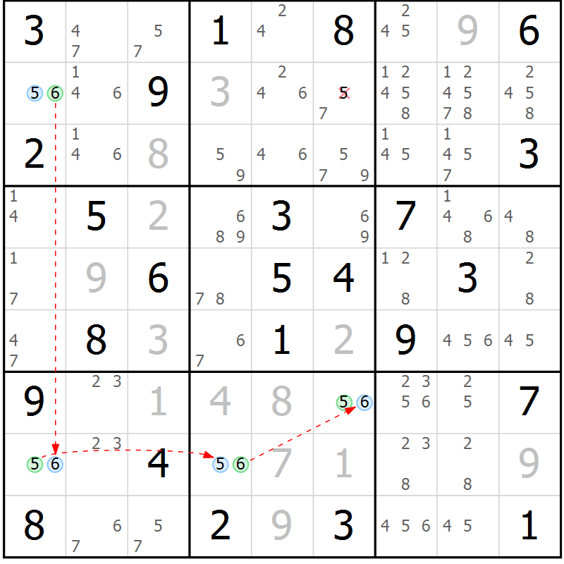 Position des candidats pour la solution de la Gr 76 page 79 du magazine de sudoku Virtuose n° 124
