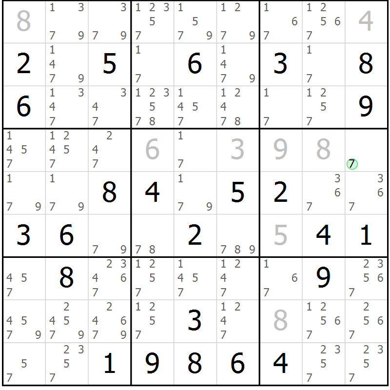 Position des candidats pour la solution de la Gr 78 page 81 du magazine de sudoku Virtuose n° 124