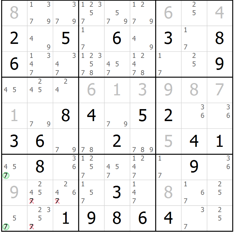 Position des candidats pour la solution de la Gr 78 page 81 du magazine de sudoku Virtuose n° 124