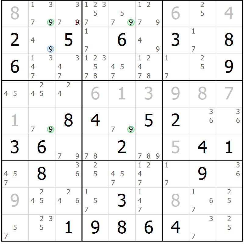 Position des candidats pour la solution de la Gr 78 page 81 du magazine de sudoku Virtuose n° 124