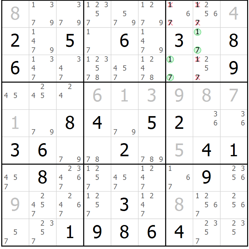 Position des candidats pour la solution de la Gr 78 page 81 du magazine de sudoku Virtuose n° 124
