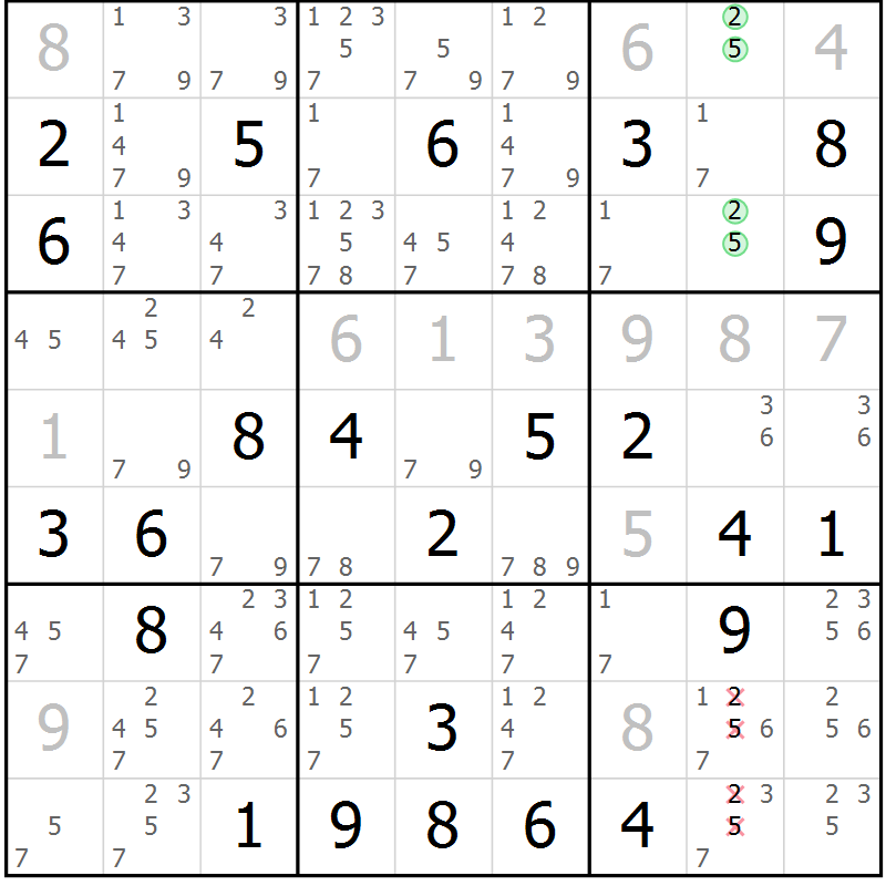 Position des candidats pour la solution de la Gr 78 page 81 du magazine de sudoku Virtuose n° 124