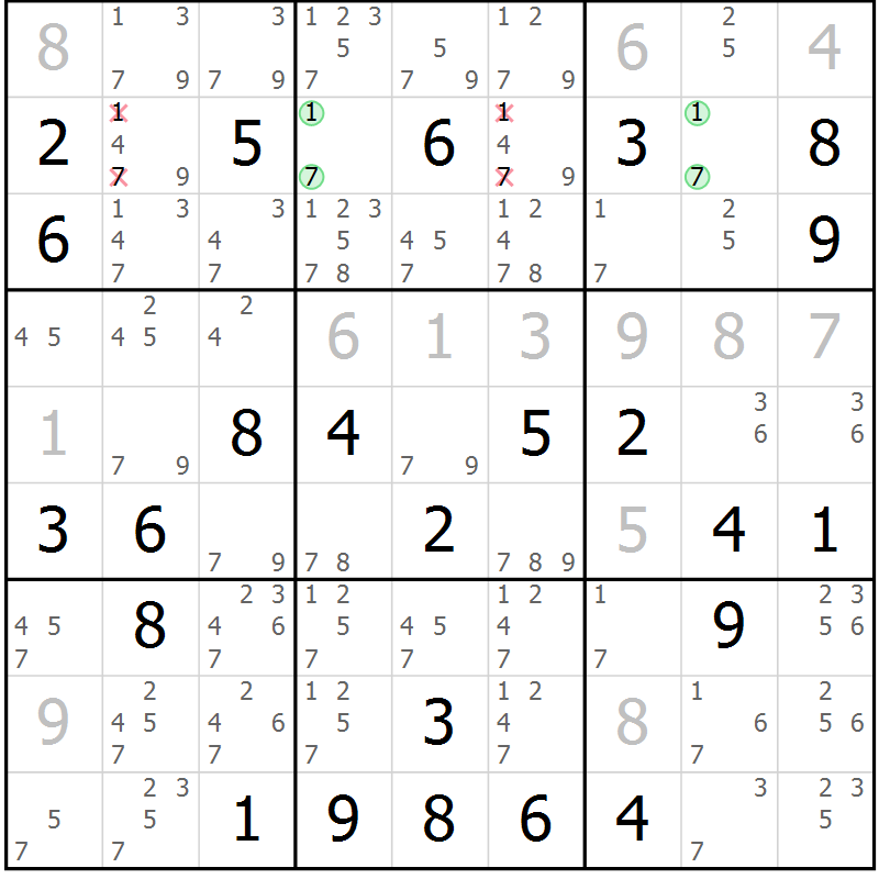 Position des candidats pour la solution de la Gr 78 page 81 du magazine de sudoku Virtuose n° 124