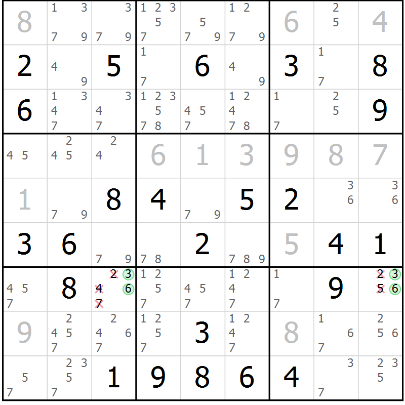 Position des candidats pour la solution de la Gr 78 page 81 du magazine de sudoku Virtuose n° 124