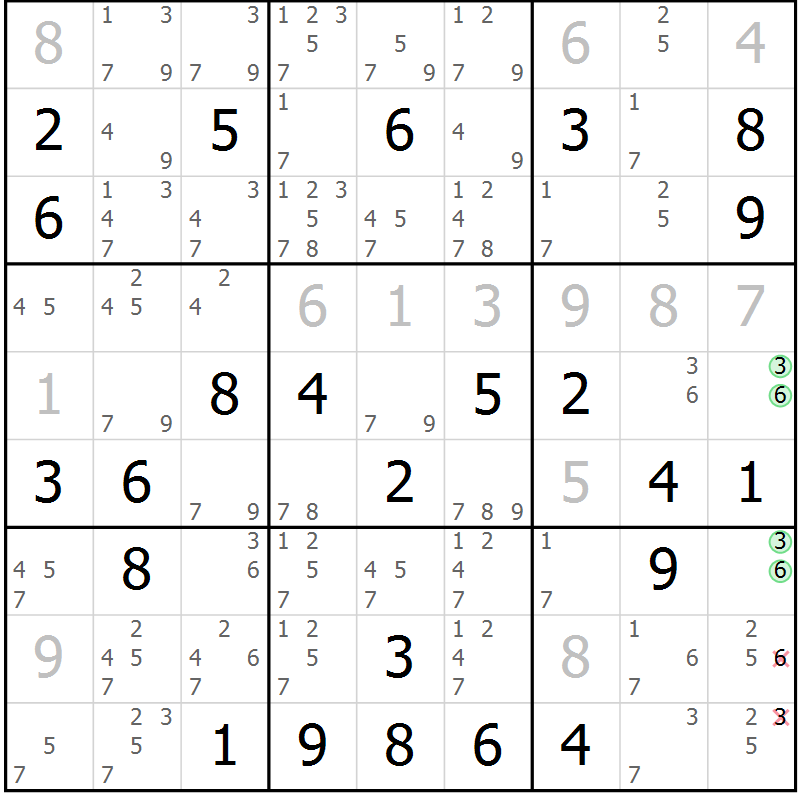 Position des candidats pour la solution de la Gr 78 page 81 du magazine de sudoku Virtuose n° 124