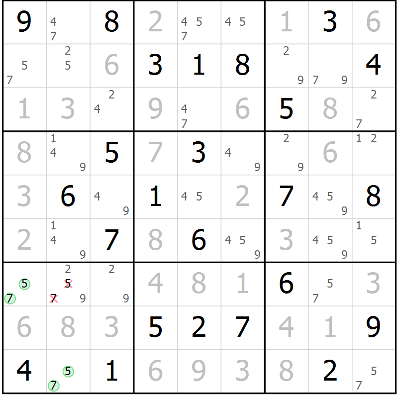 Position des candidats pour la solution de la Gr 79 page 82 du magazine de sudoku Virtuose n° 124