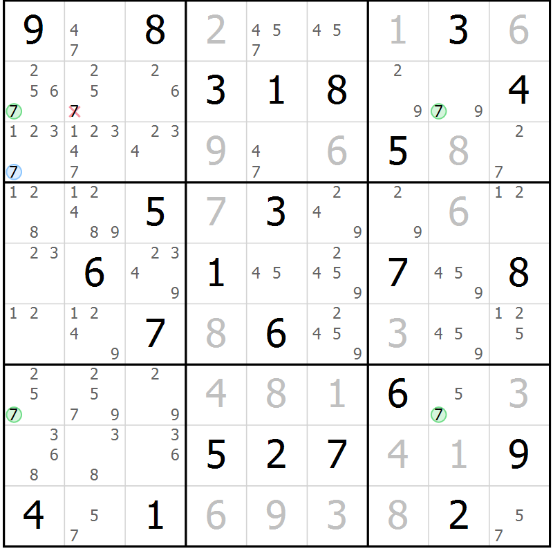 Position des candidats pour la solution de la Gr 79 page 82 du magazine de sudoku Virtuose n° 124