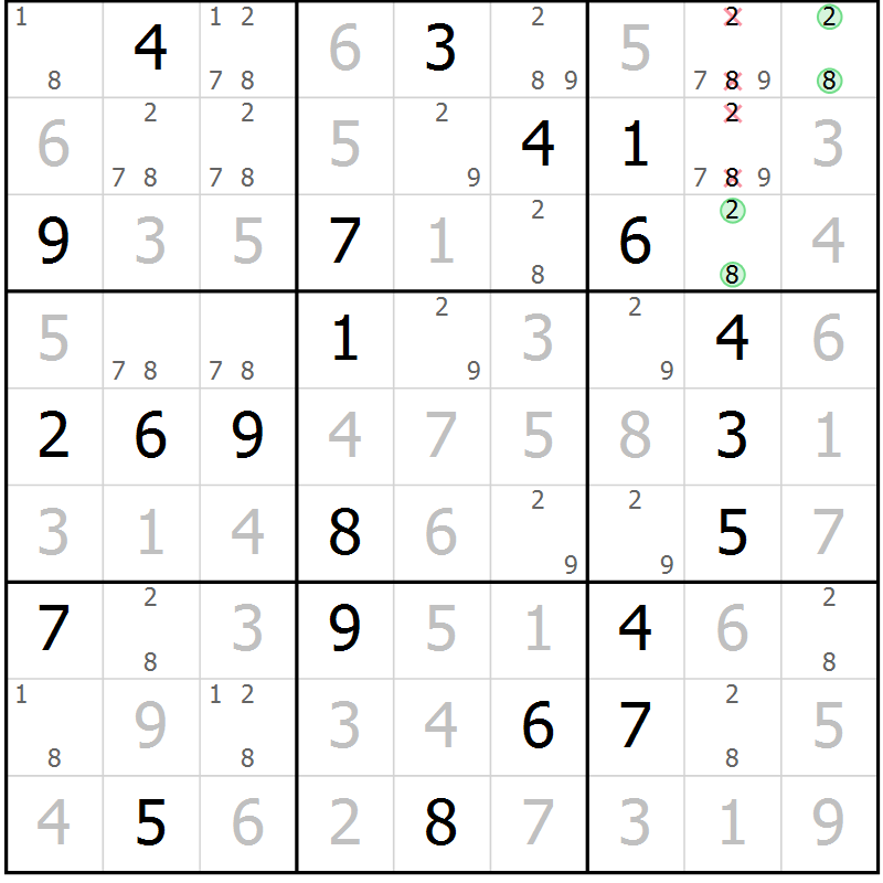 Position des candidats pour la solution de la Gr 8 page 11 du magazine de sudoku Virtuose n° 124