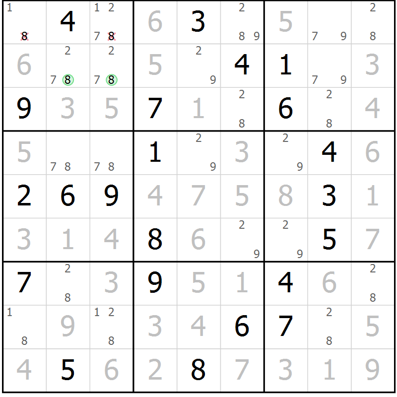 Position des candidats pour la solution de la Gr 8 page 11 du magazine de sudoku Virtuose n° 124