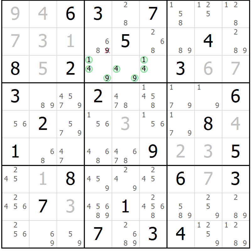 Position des candidats pour la solution de la Gr 81 page 84 du magazine de sudoku Virtuose n° 124