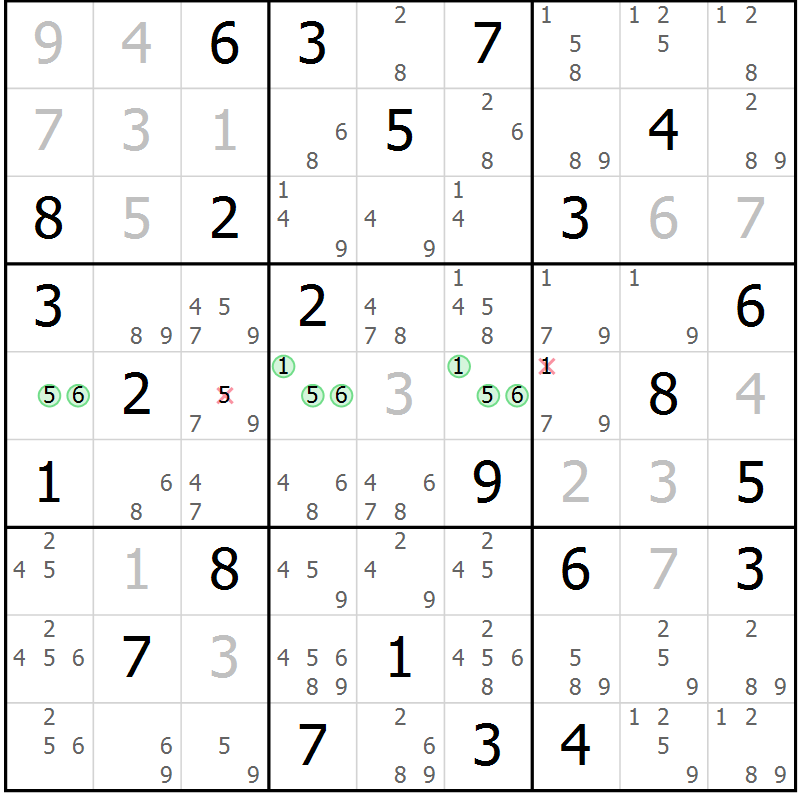 Position des candidats pour la solution de la Gr 81 page 84 du magazine de sudoku Virtuose n° 124