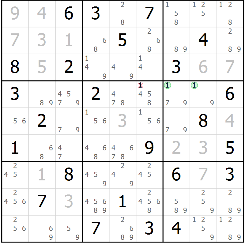 Position des candidats pour la solution de la Gr 81 page 84 du magazine de sudoku Virtuose n° 124
