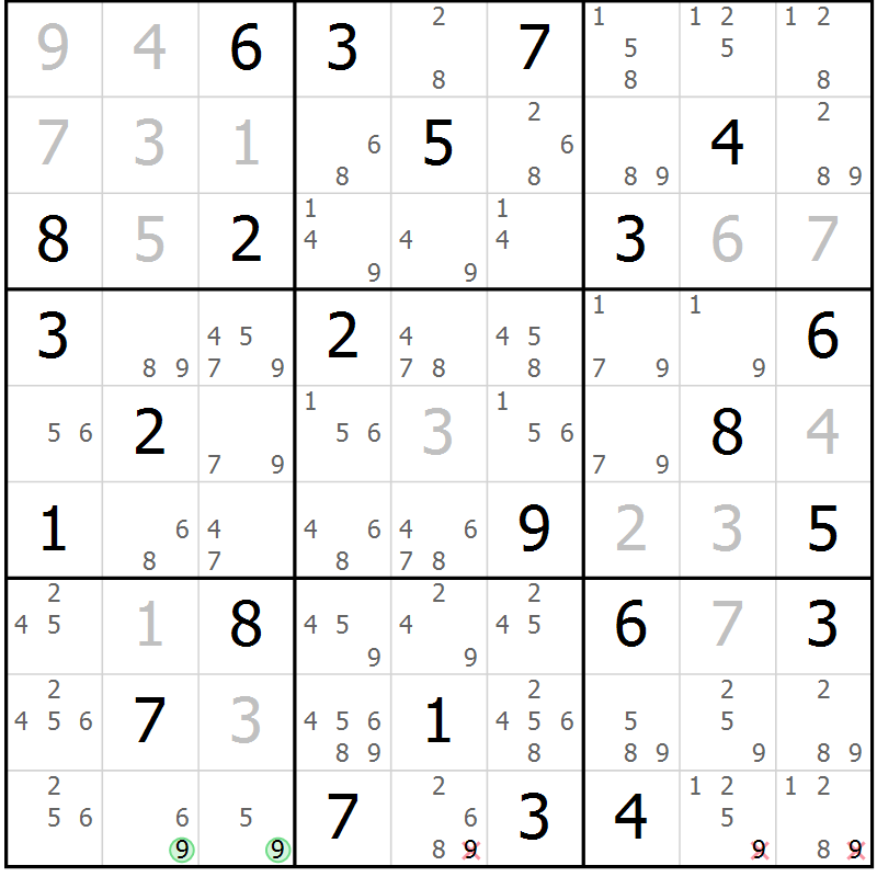 Position des candidats pour la solution de la Gr 81 page 84 du magazine de sudoku Virtuose n° 124