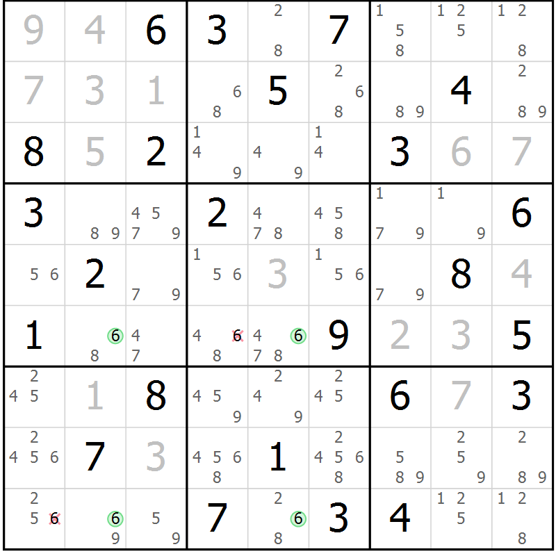 Position des candidats pour la solution de la Gr 81 page 84 du magazine de sudoku Virtuose n° 124