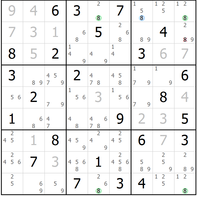 Position des candidats pour la solution de la Gr 81 page 84 du magazine de sudoku Virtuose n° 124