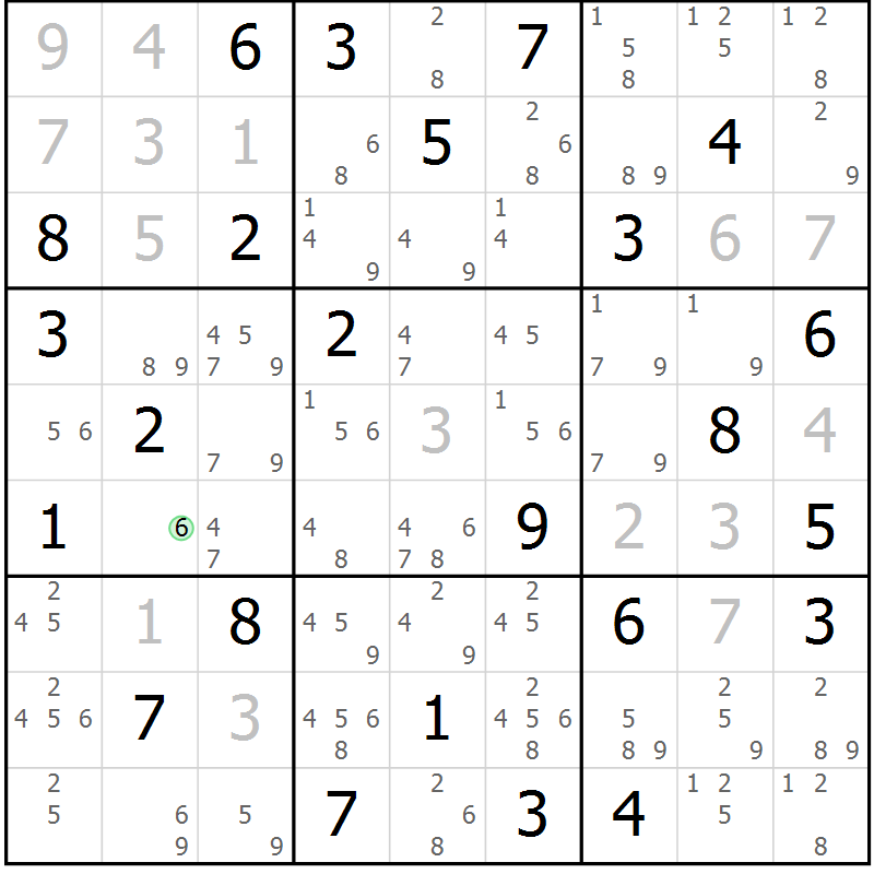 Position des candidats pour la solution de la Gr 81 page 84 du magazine de sudoku Virtuose n° 124
