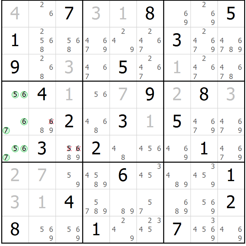 Position des candidats pour la solution de la Gr 82 page 85 du magazine de sudoku Virtuose n° 124