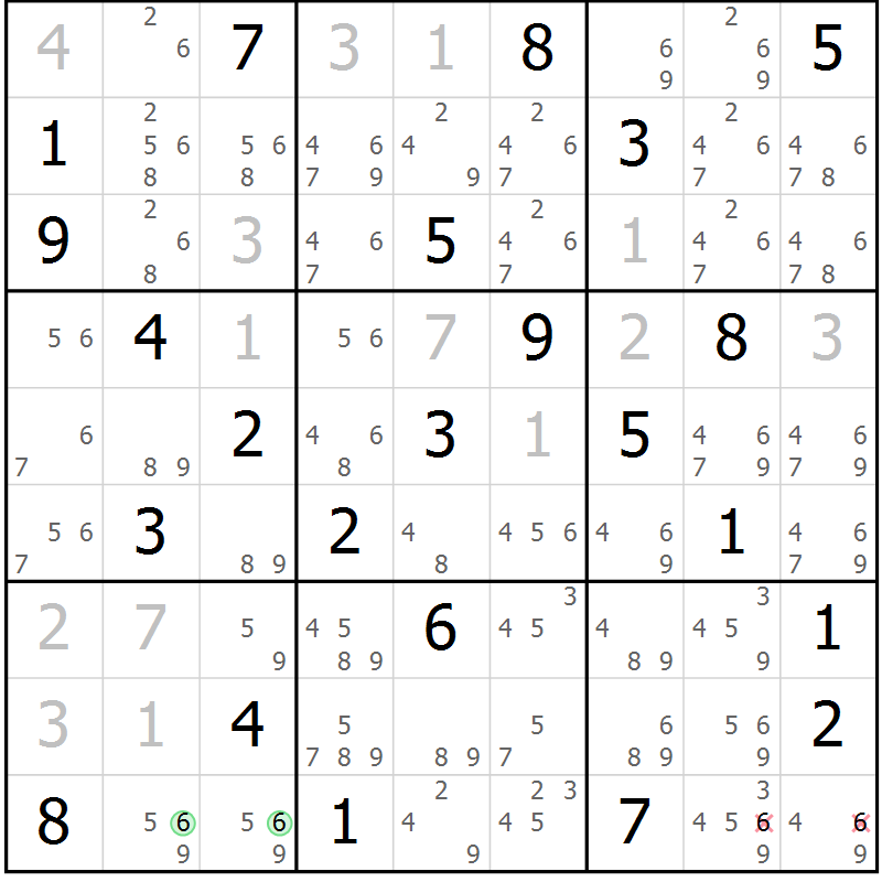 Position des candidats pour la solution de la Gr 82 page 85 du magazine de sudoku Virtuose n° 124
