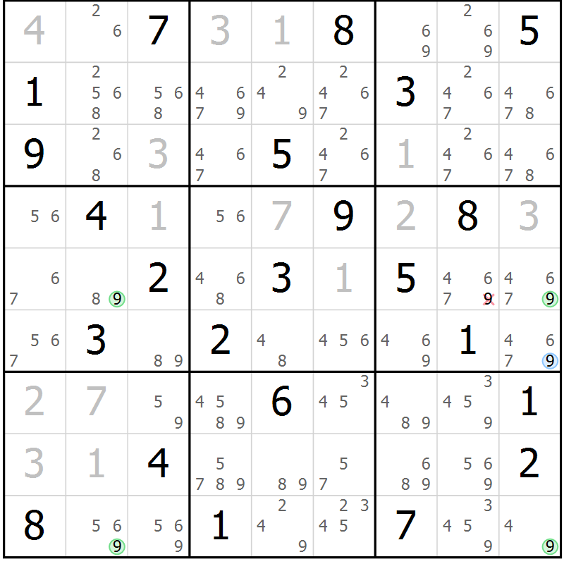 Position des candidats pour la solution de la Gr 82 page 85 du magazine de sudoku Virtuose n° 124