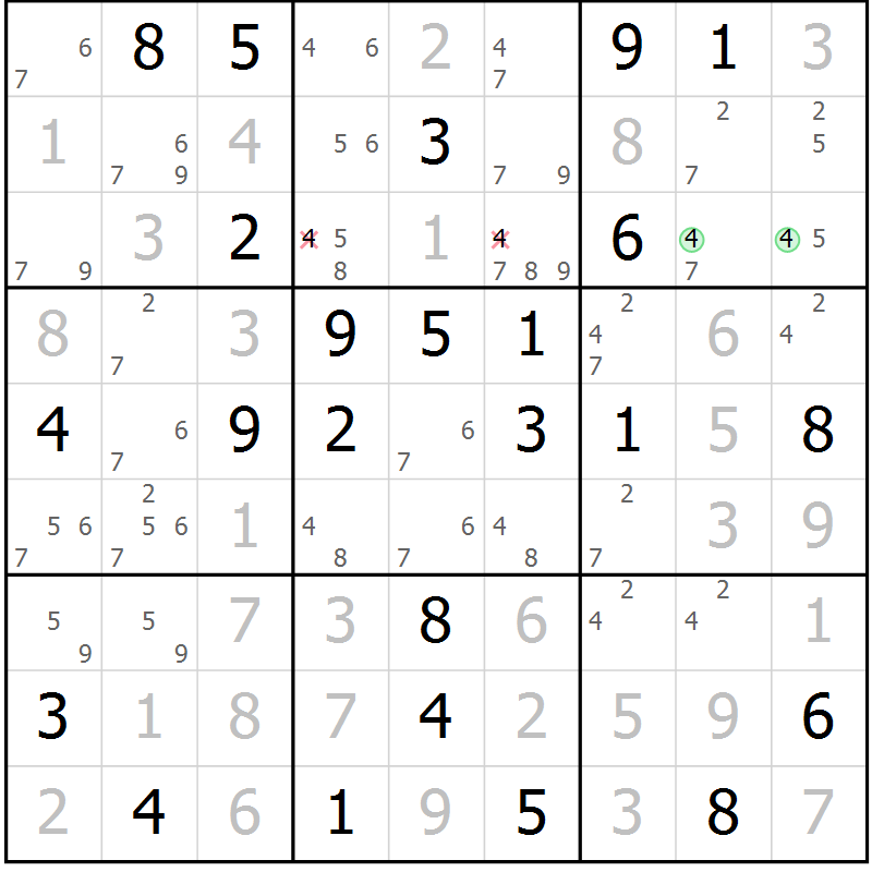 Position des candidats pour la solution de la Gr 83 page 86 du magazine de sudoku Virtuose n° 124
