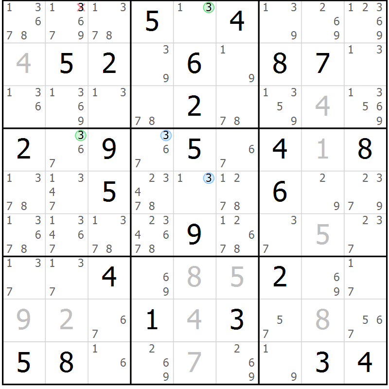 Position des candidats pour la solution de la Gr 84 page 87 du magazine de sudoku Virtuose n° 124