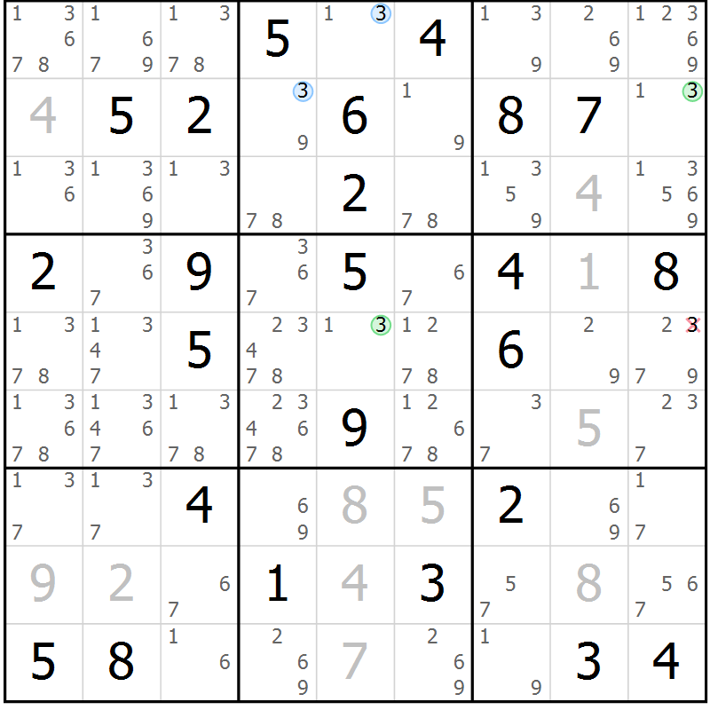 Position des candidats pour la solution de la Gr 84 page 87 du magazine de sudoku Virtuose n° 124