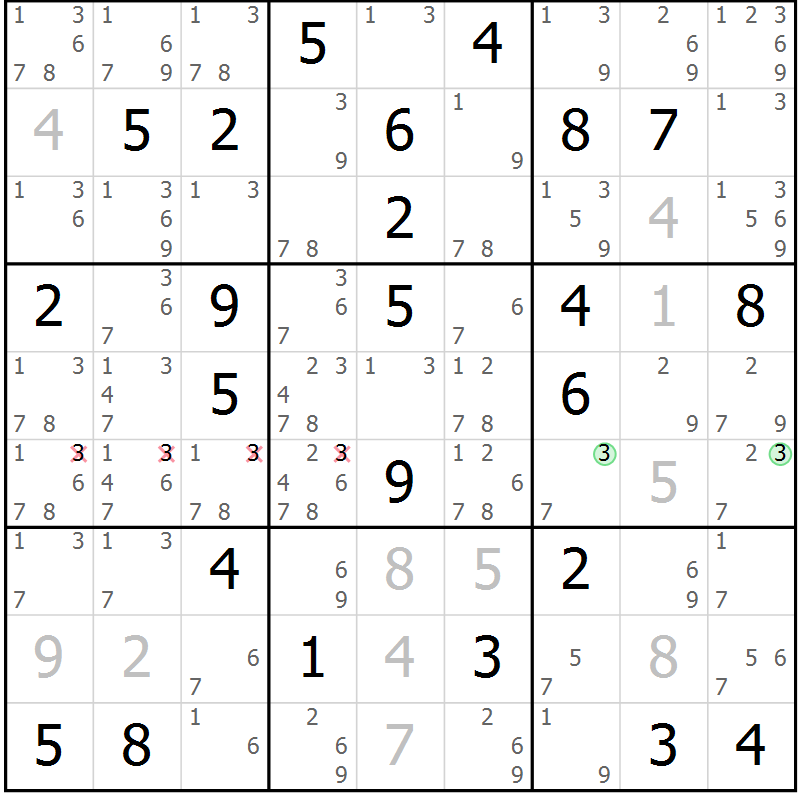 Position des candidats pour la solution de la Gr 84 page 87 du magazine de sudoku Virtuose n° 124