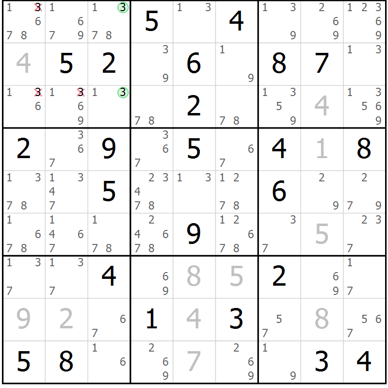 Position des candidats pour la solution de la Gr 84 page 87 du magazine de sudoku Virtuose n° 124