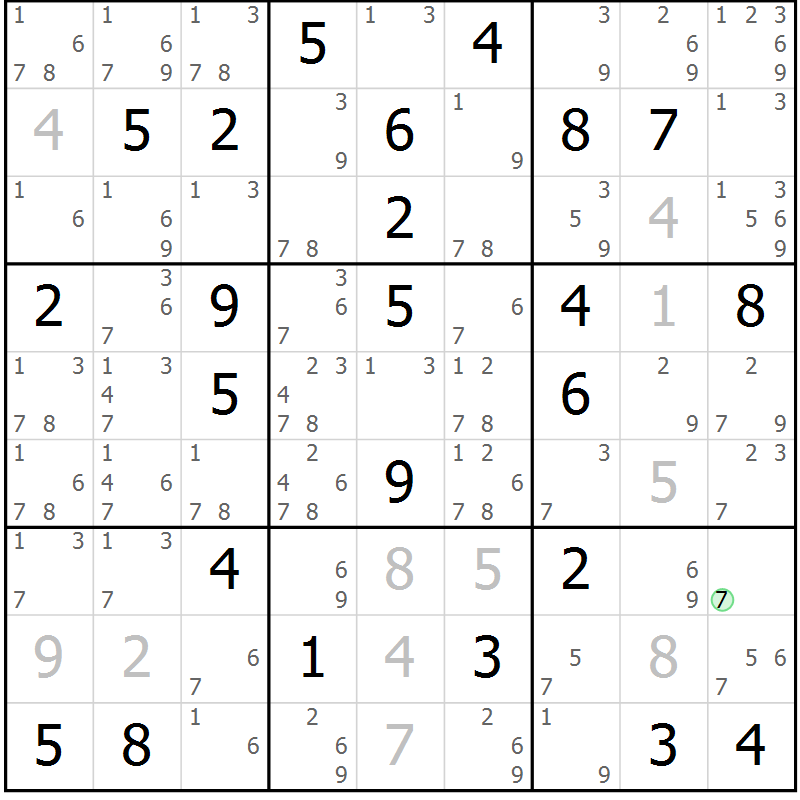 Position des candidats pour la solution de la Gr 84 page 87 du magazine de sudoku Virtuose n° 124