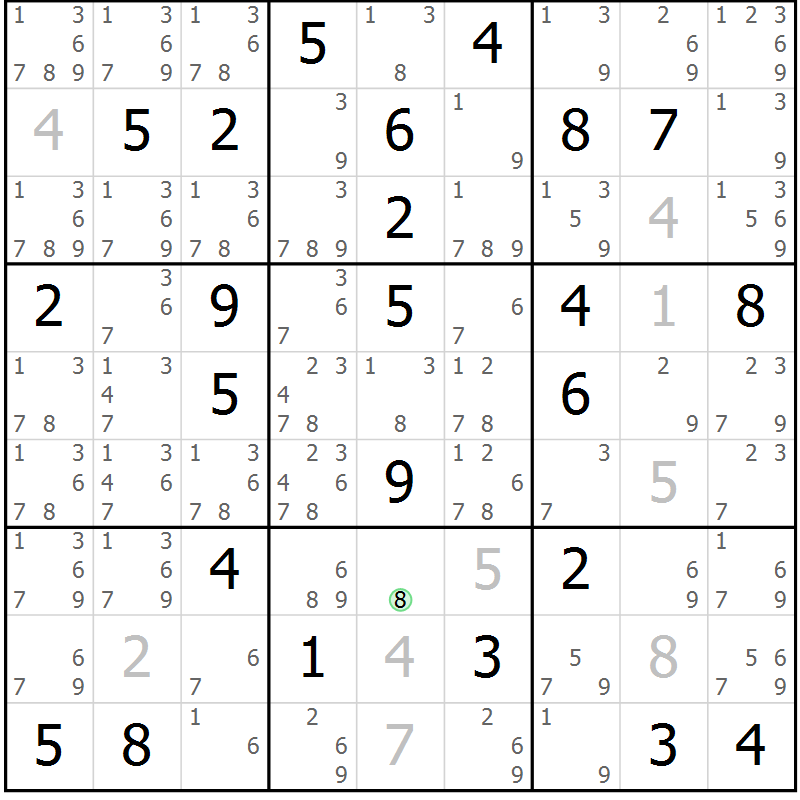 Position des candidats pour la solution de la Gr 84 page 87 du magazine de sudoku Virtuose n° 124