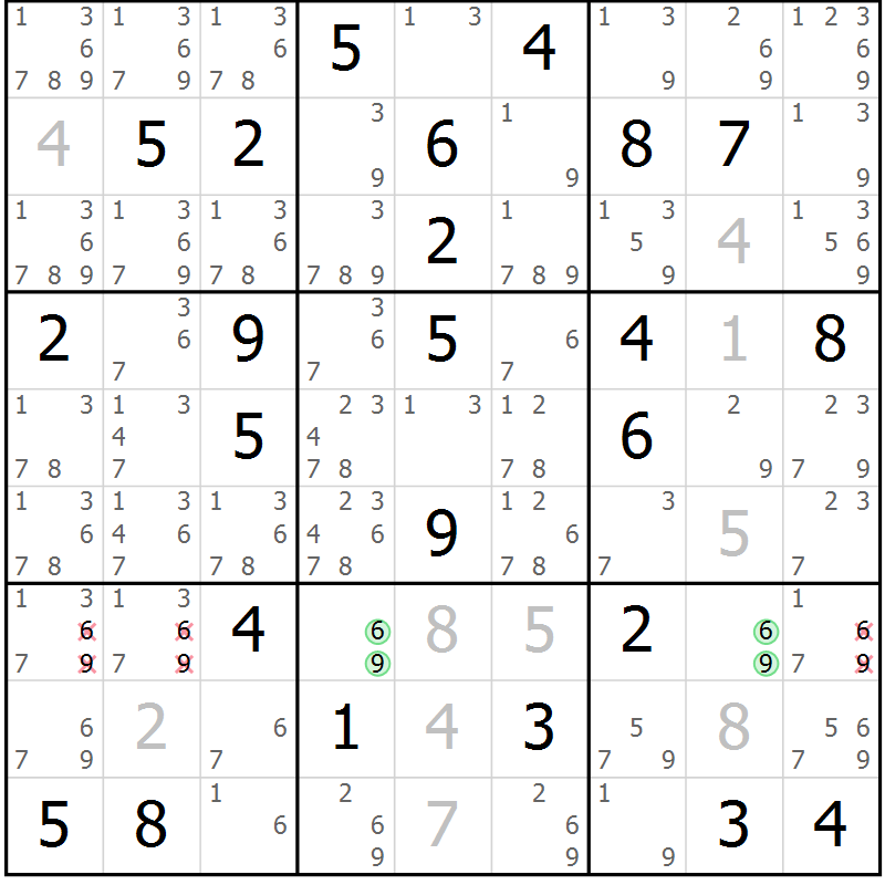 Position des candidats pour la solution de la Gr 84 page 87 du magazine de sudoku Virtuose n° 124