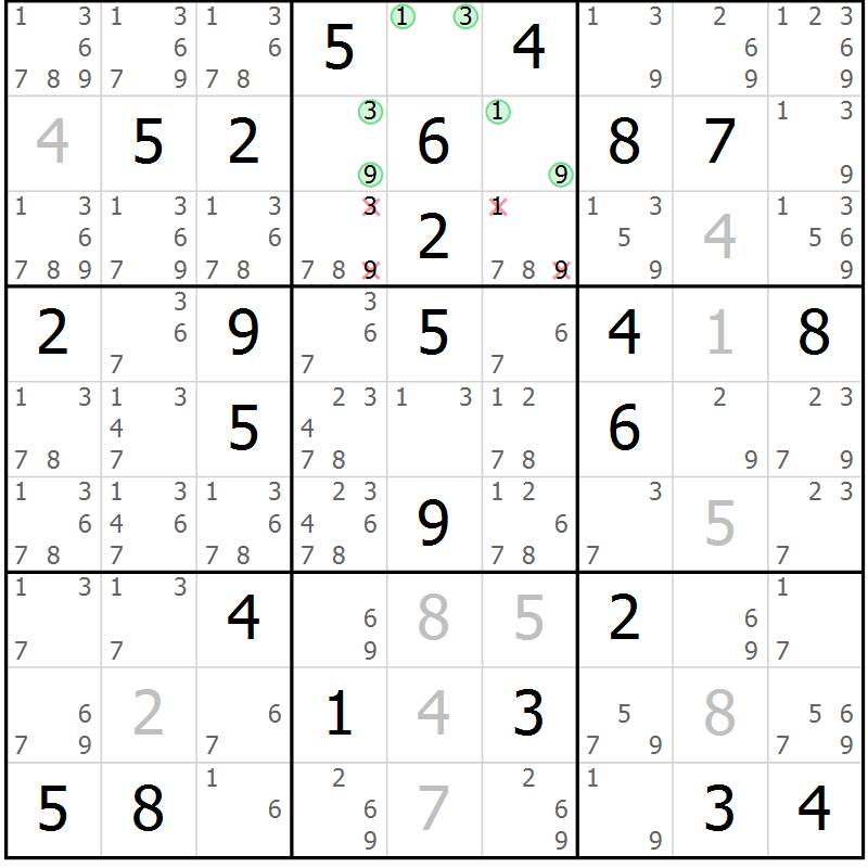 Position des candidats pour la solution de la Gr 84 page 87 du magazine de sudoku Virtuose n° 124