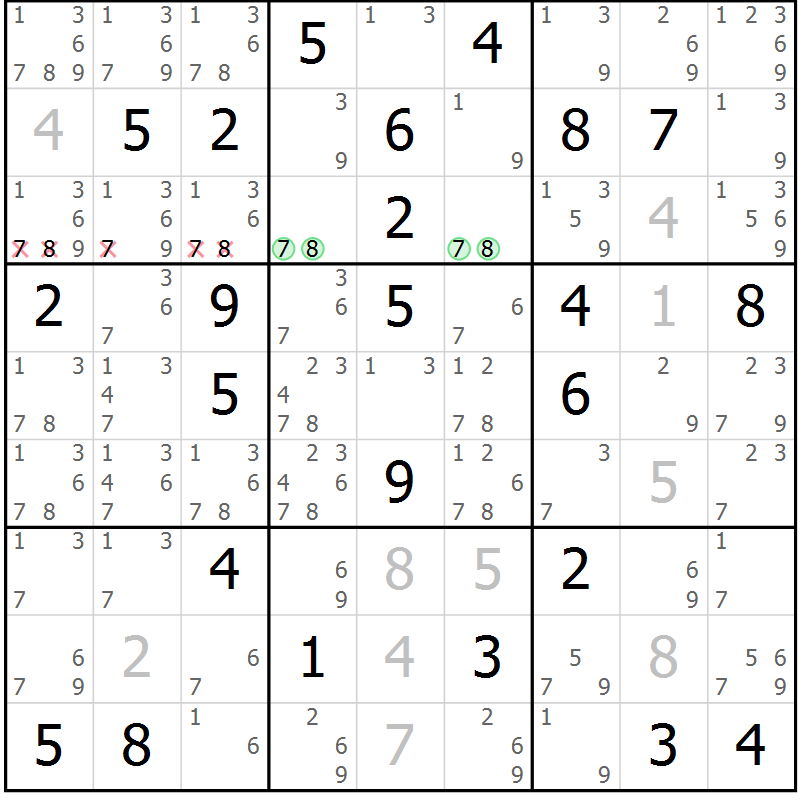 Position des candidats pour la solution de la Gr 84 page 87 du magazine de sudoku Virtuose n° 124