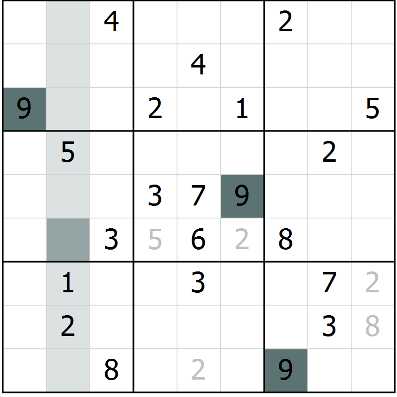 Position des candidats pour la solution de la Gr 9 page 12 du magazine de sudoku Virtuose n° 124